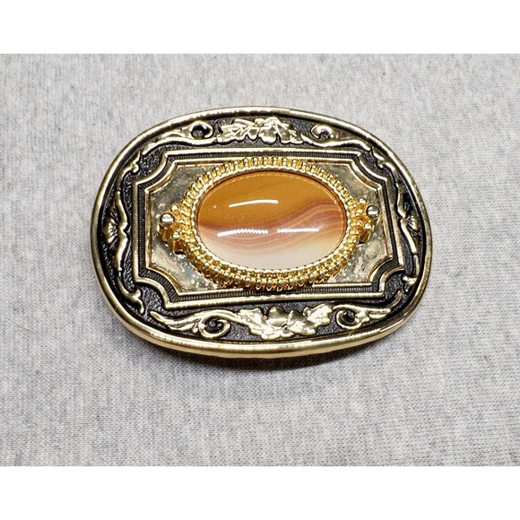 The Unbranded Brand Accessories - Vtg Western Gold Toned Belt Buckle Polished Agate Rodeo Southwestern Country